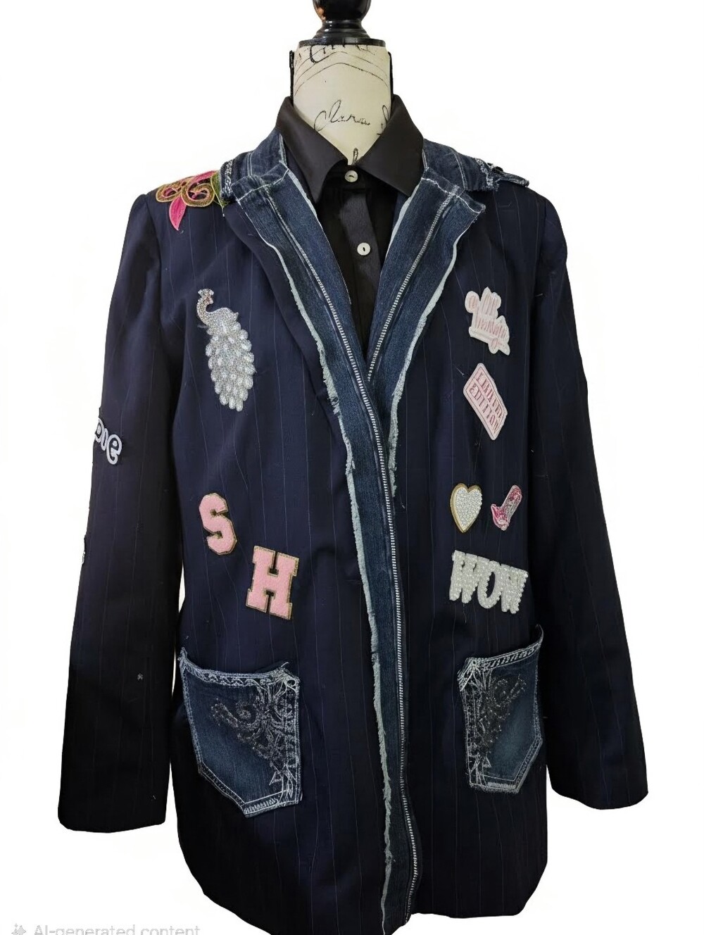 Navy Pinstripe Junk Blazer with Denim Trim